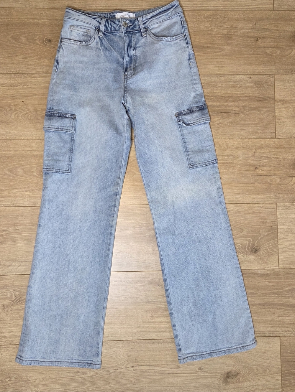 Vervet Blue High Rise Cargo Jeans Light Wash Straight Leg Size 26 Y2K Utility